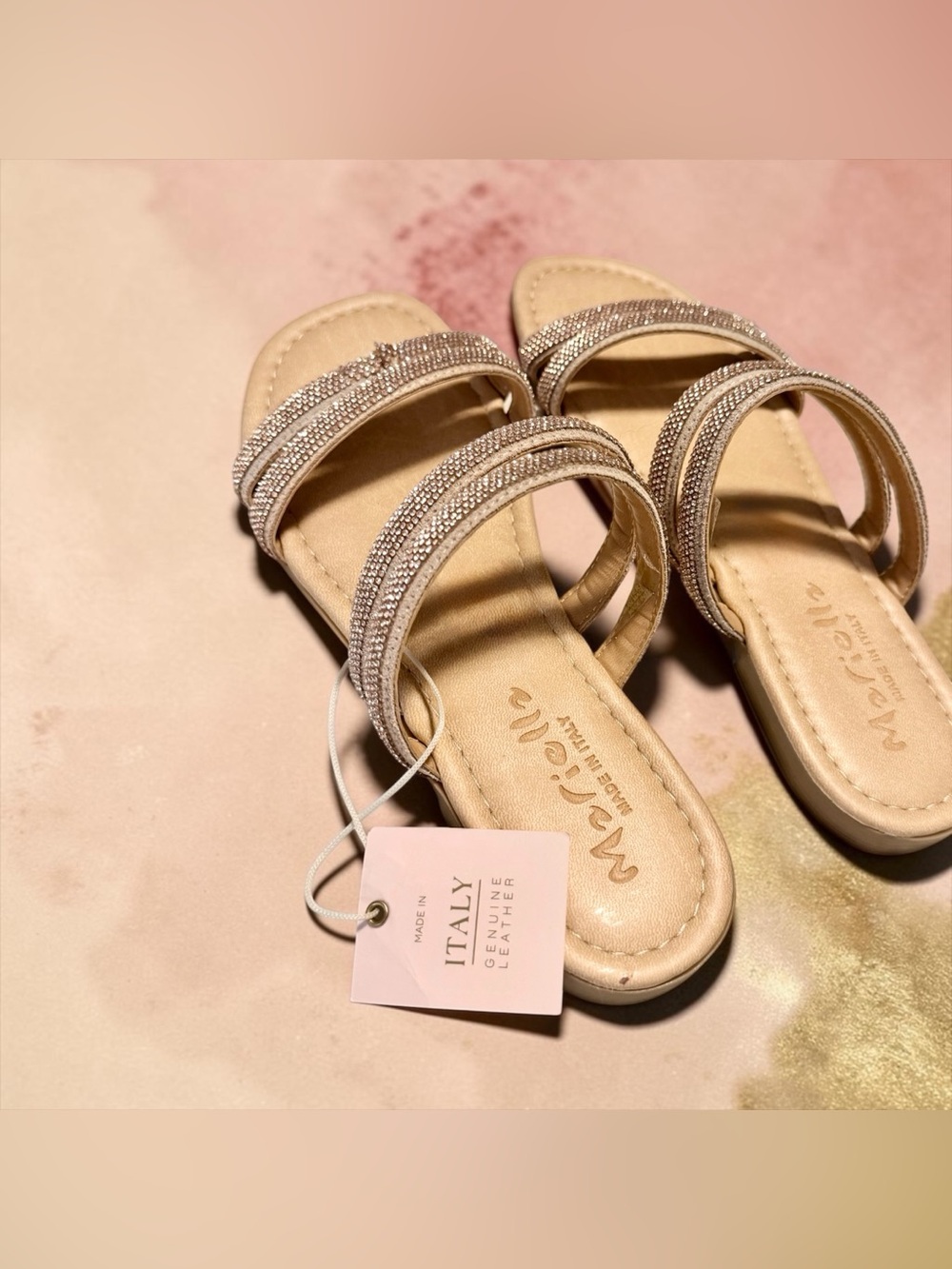 Mariani Made In Italy Women’s Cream Rhinestone Double-Strap Slide Sandals